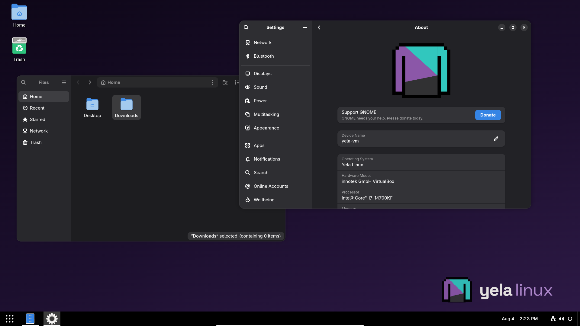 GNOME running on Yela Linux